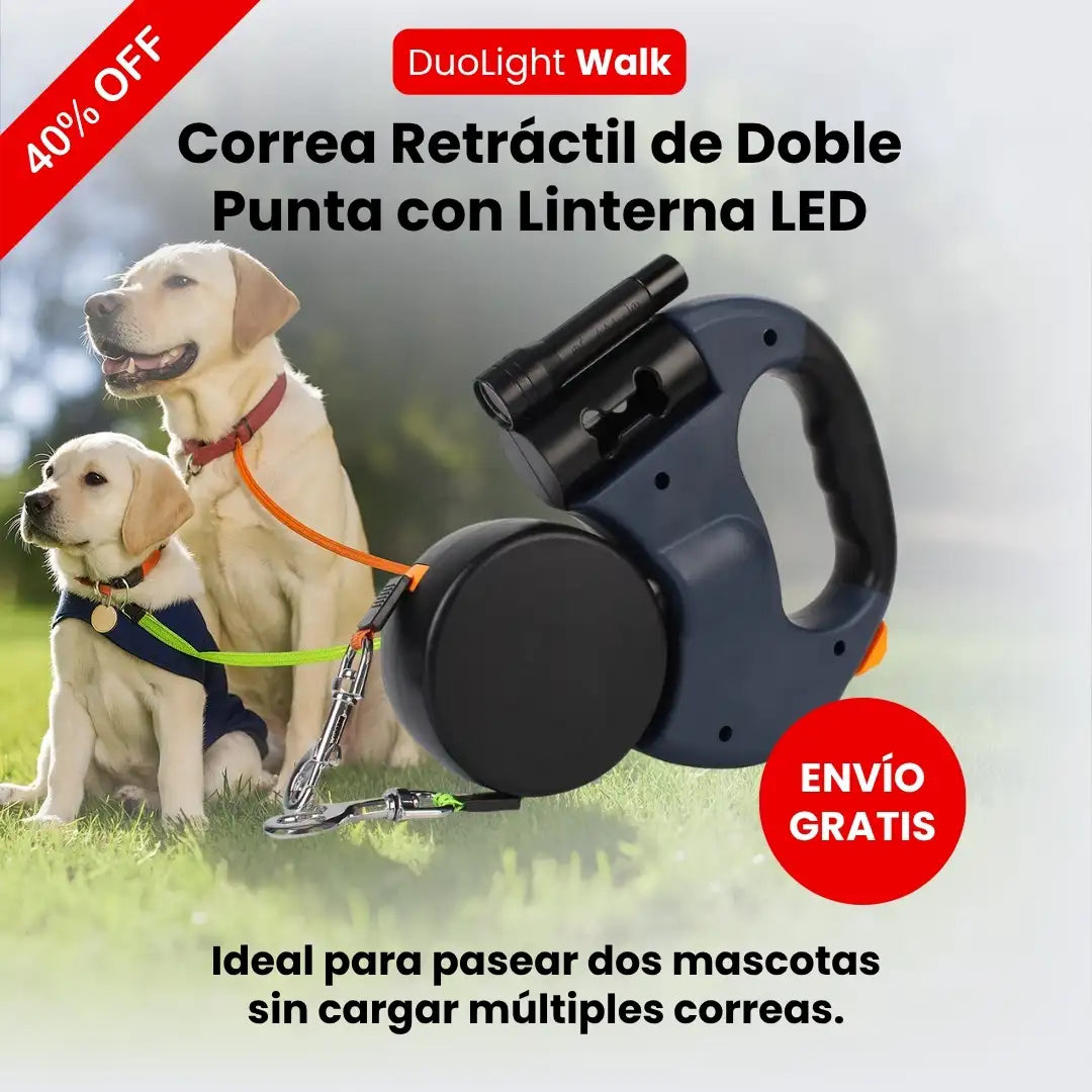 DuoLight Walk — Correa Retráctil de Doble Punta con Linterna LED